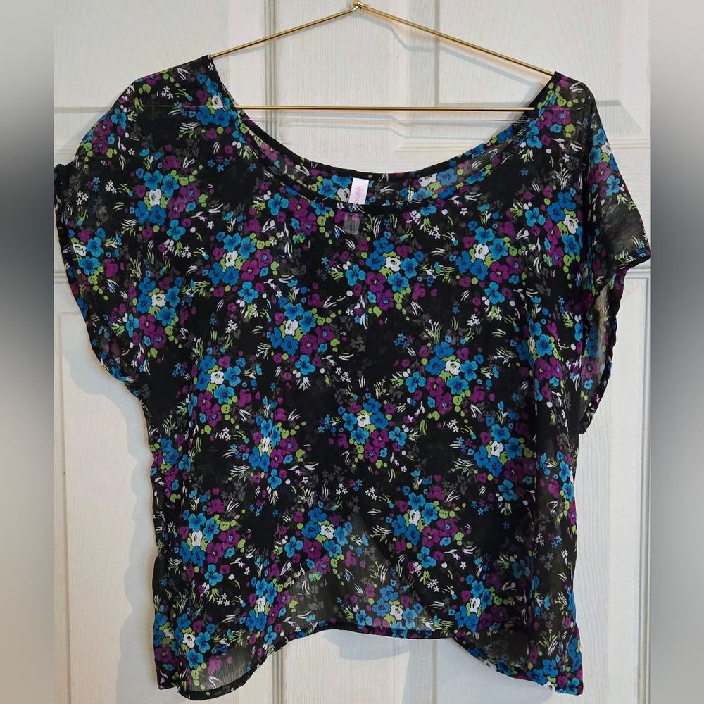 🔮 Xhilaration Floral Dolman Short Sleeve Sheer Crop Top Shirt Open Back